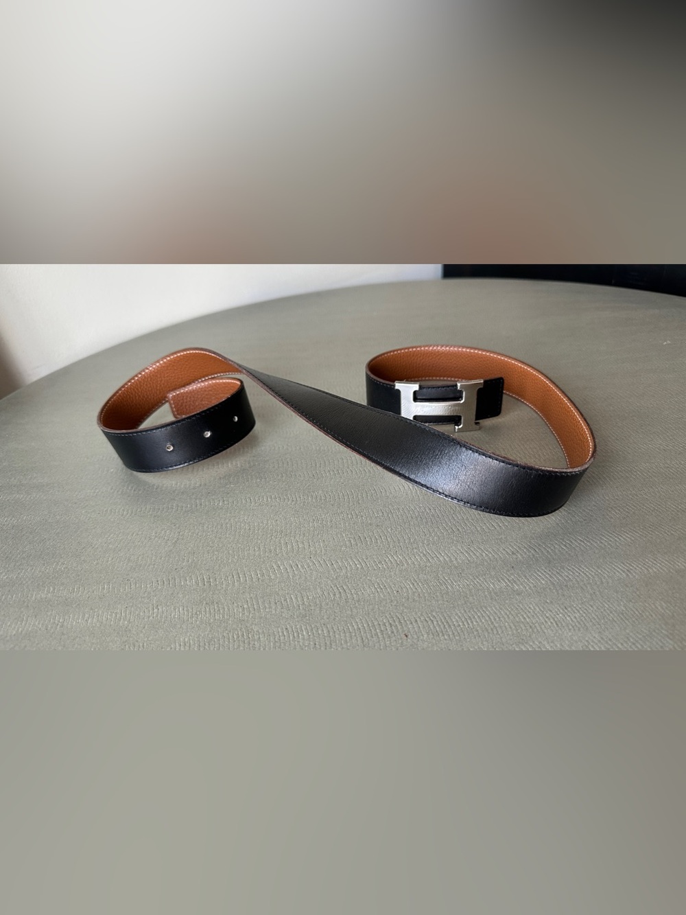 Hermes SILVER Buckle H Belt Black Black Tan Leather Strap 32 mm Width Size 95 Cm - Picture 14 of 16